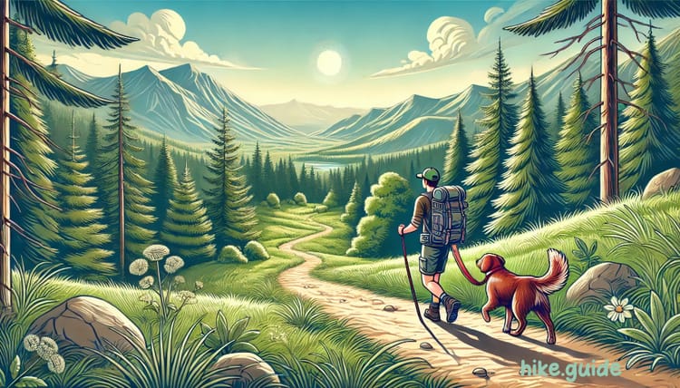 Hiker with dog on leash in wilderness